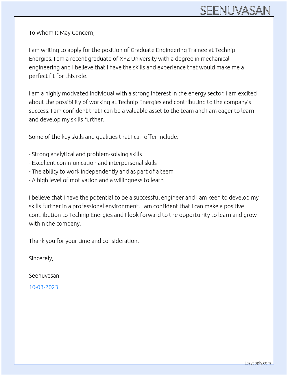 Graduate engineering trainee  At Technip energies  Cover Letter
