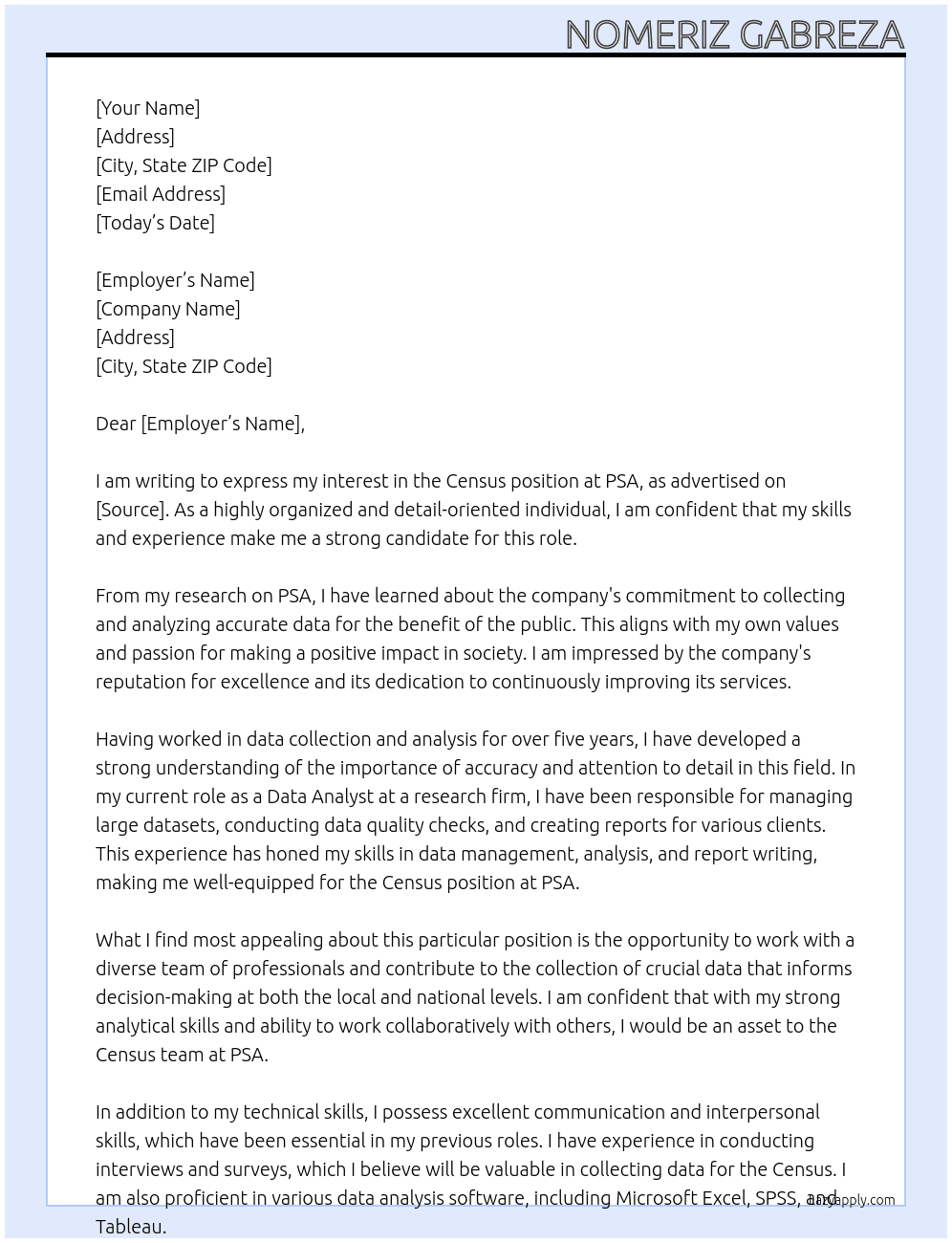 Census At PSA Cover Letter