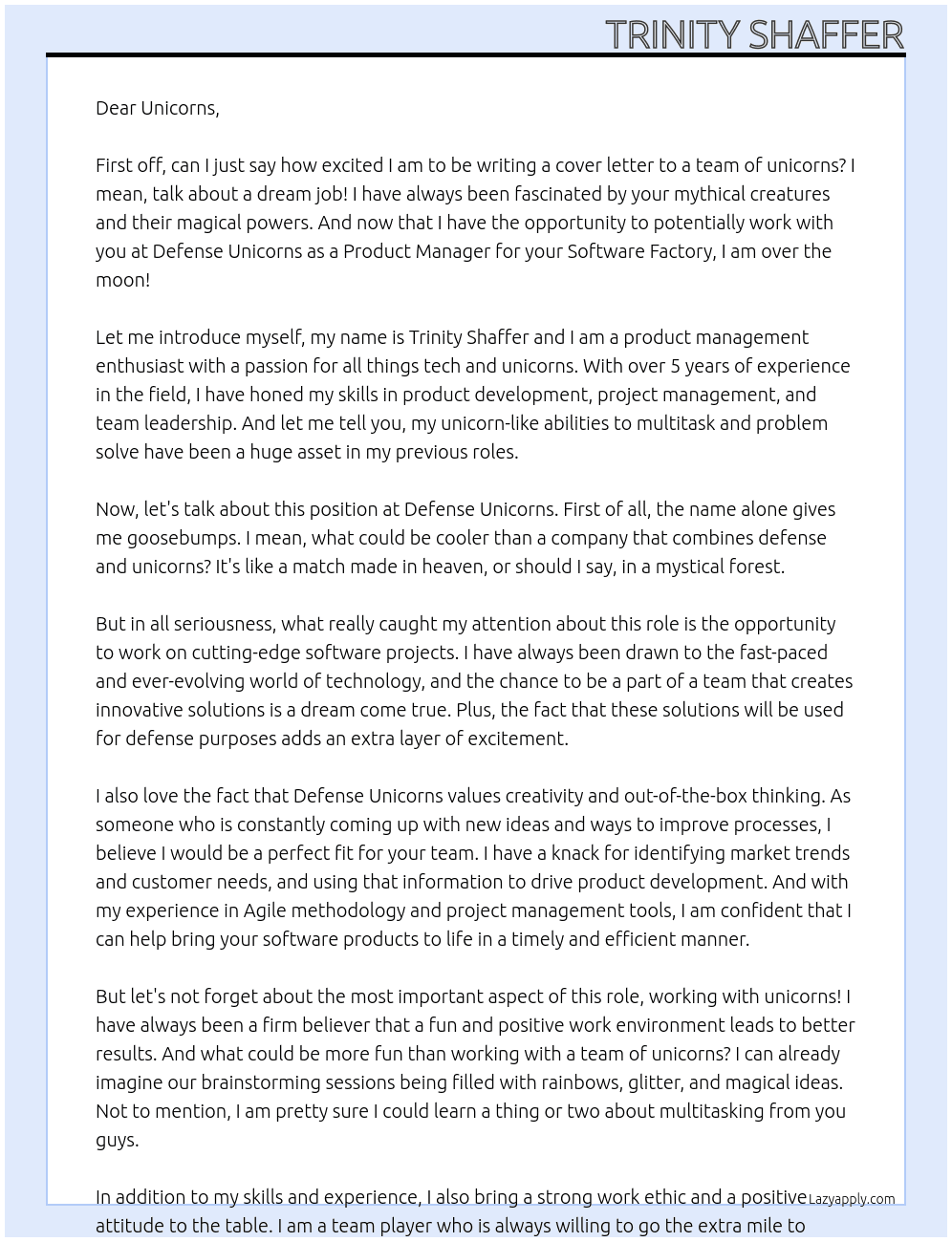 Product Manager - Software Factory At Defense Unicorns Cover Letter
