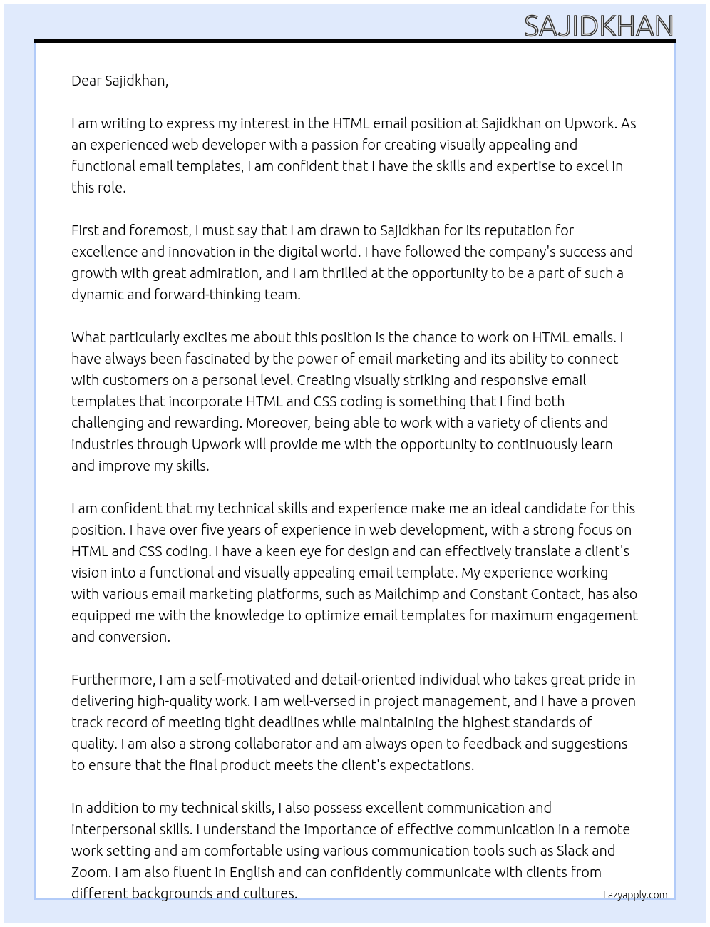 HTML email  At Sajidkhan Cover Letter