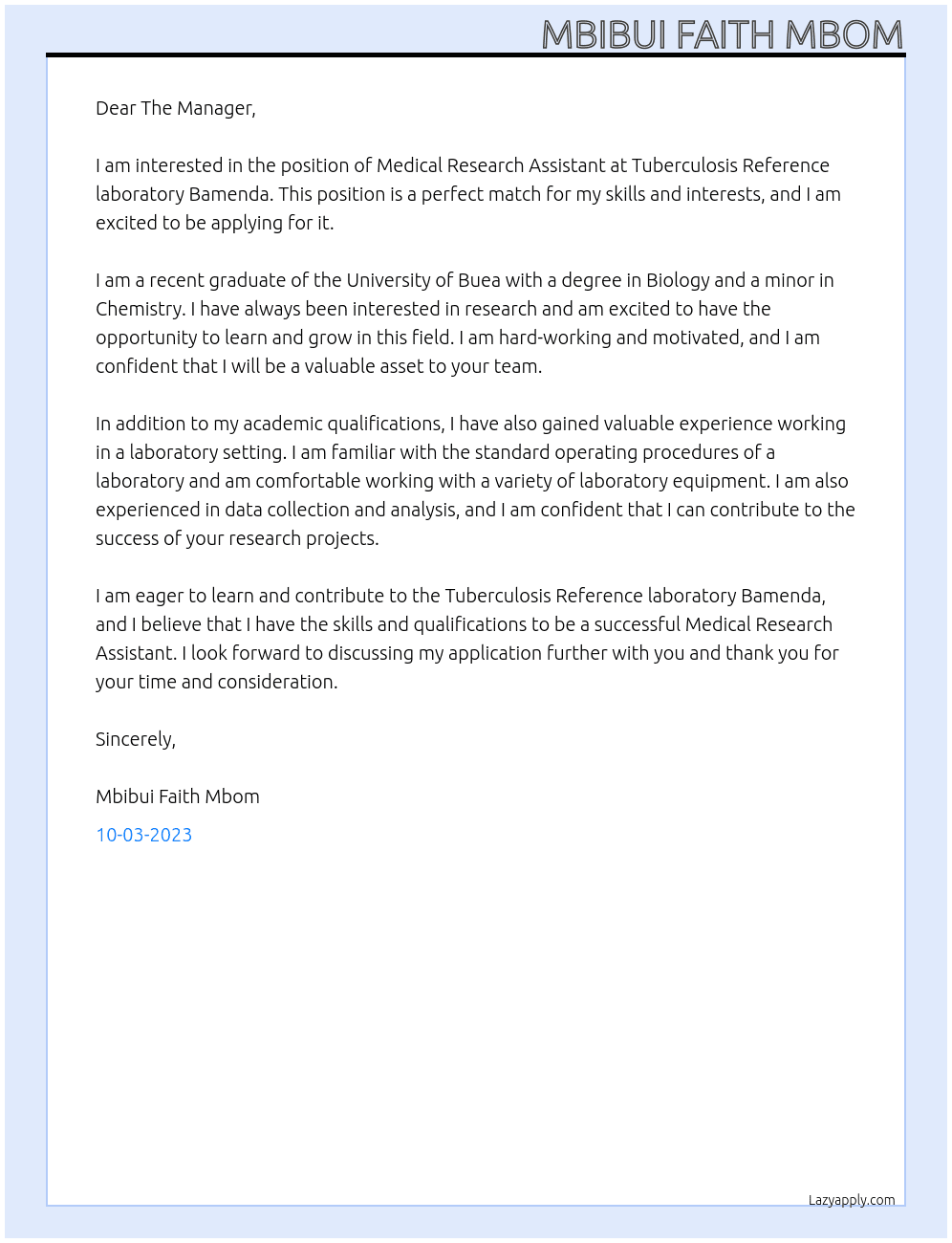 Medical Research Assistant  At Tuberculosis Reference laboratory Bamenda  Cover Letter