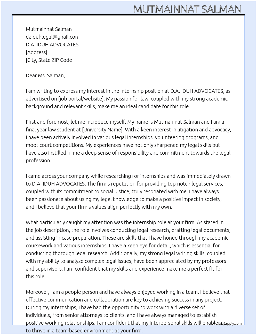 Internship At D.A. IDUH ADVOCATES Cover Letter