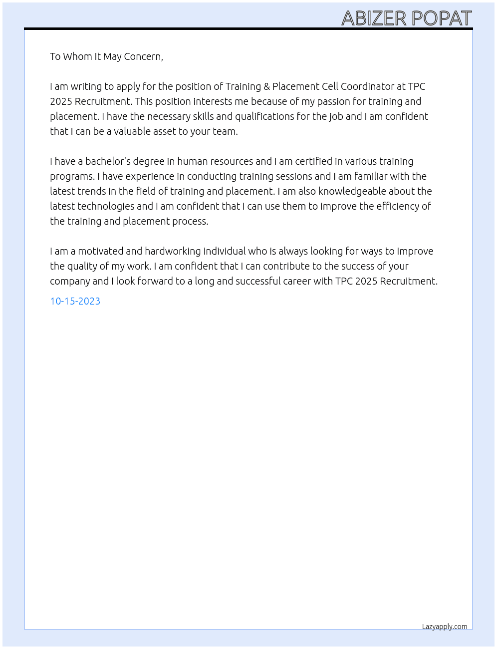 Training & Placement Cell Coordinator  At TPC 2025 Recruitment Cover Letter