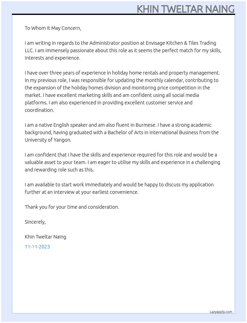 Administrator At Envisage Kitchen & Tiles Trading LLC  Cover Letter