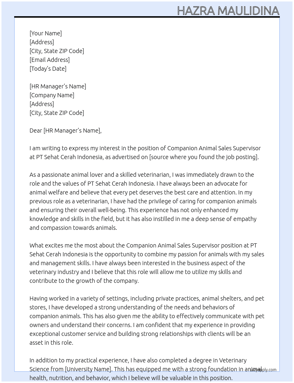 Companion Animal Sales Supervisior At PT Sehat Cerah Indonesia Cover Letter