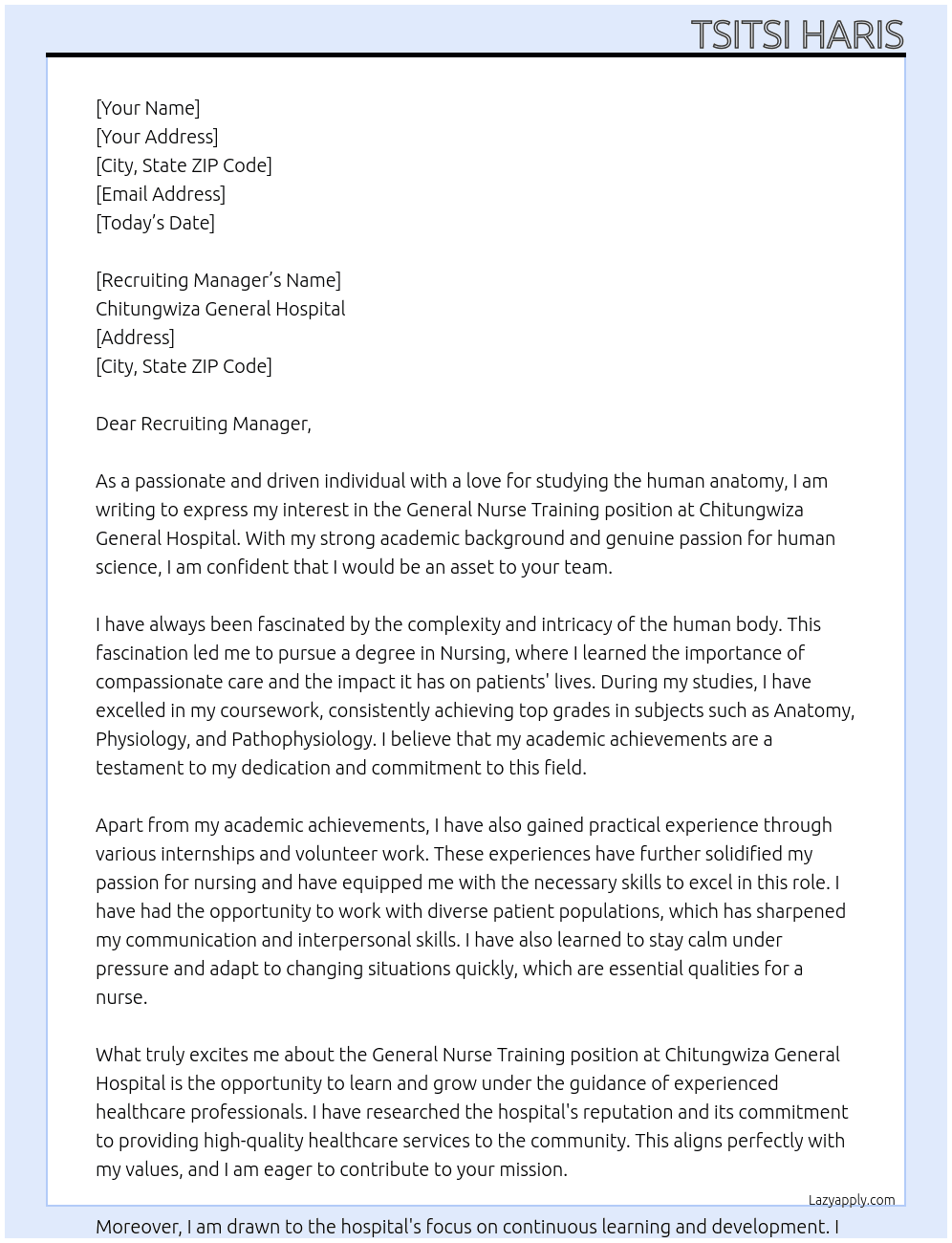 General Nurse Training At Chitungwiza General Hospital Cover Letter