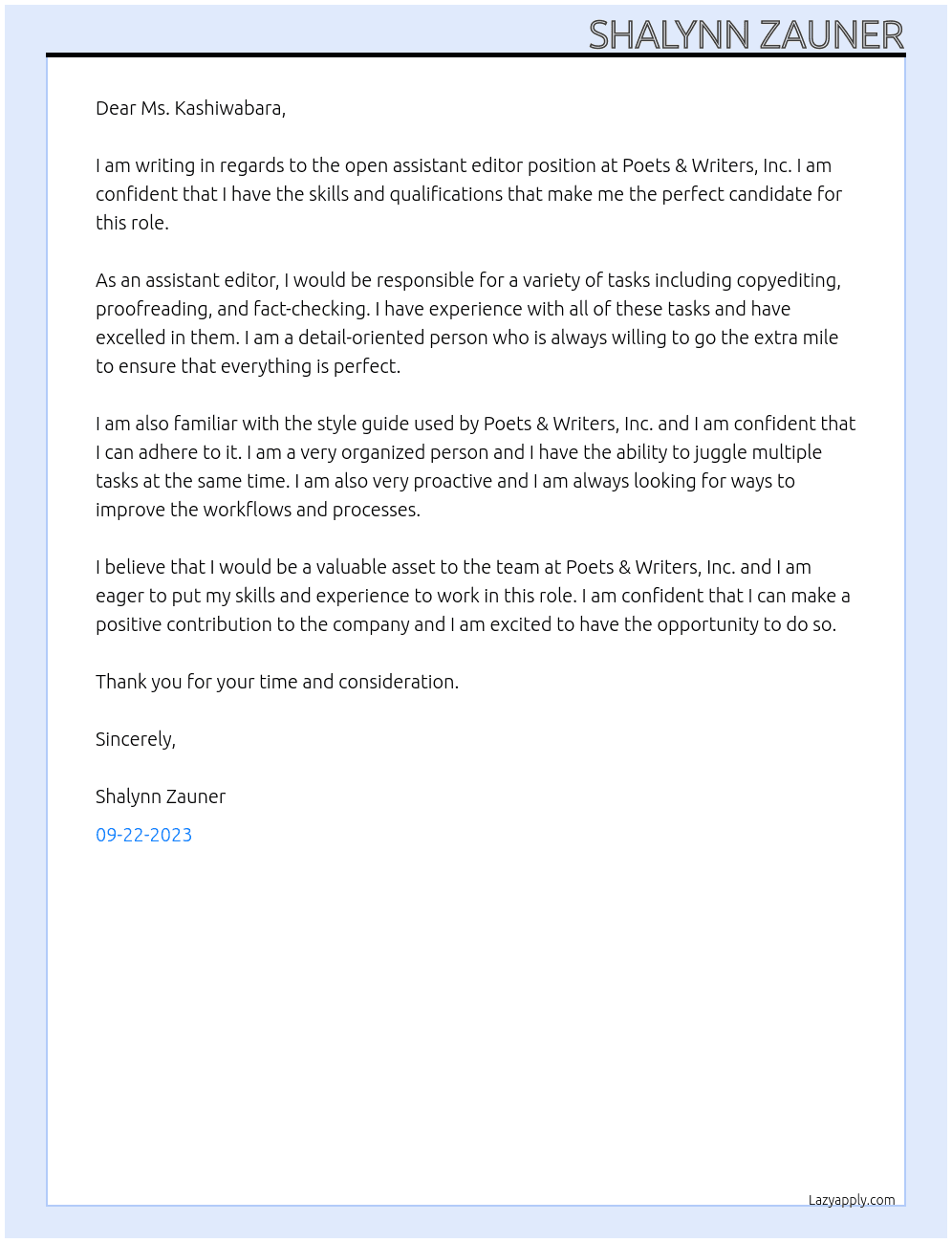 assistant editor At Poets & Writers, Inc. Cover Letter