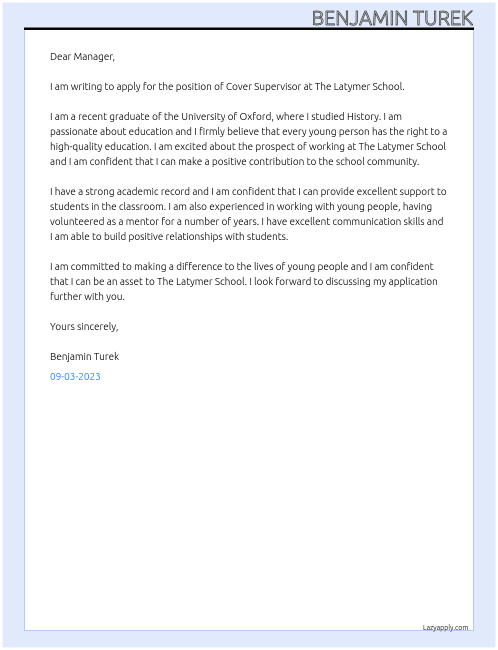 Cover Supervisor At The Latymer School Cover Letter