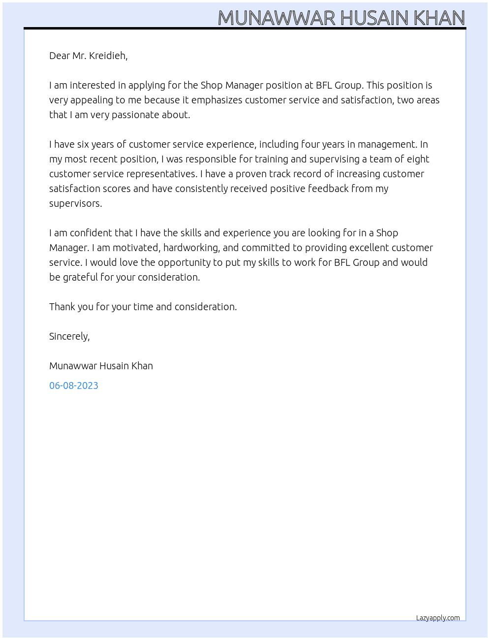 Shop Manager At BFL GROUP Cover Letter