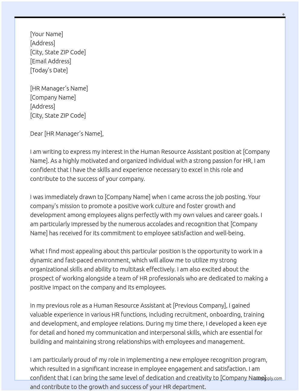 Human Resource Assistant  At . Cover Letter