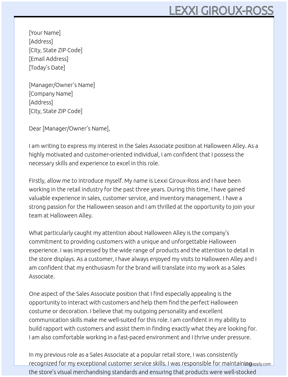 sales associate At Halloween Alley Cover Letter