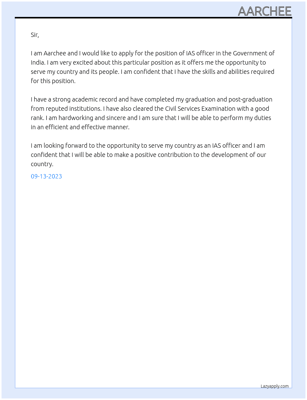 IAS officer  At Government of india Cover Letter