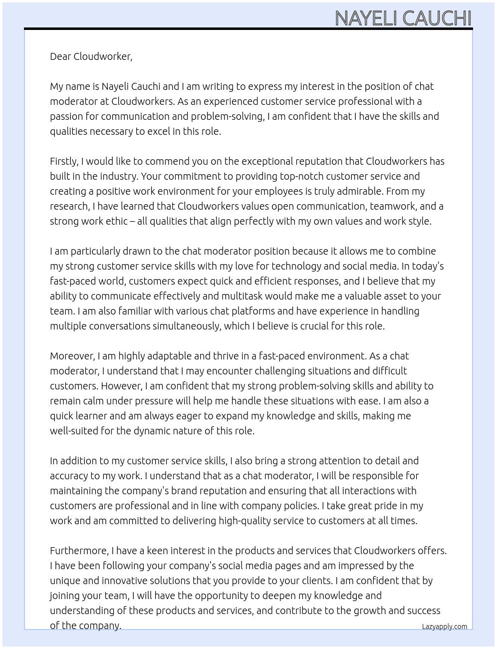 chat moderator At cloudworkers Cover Letter