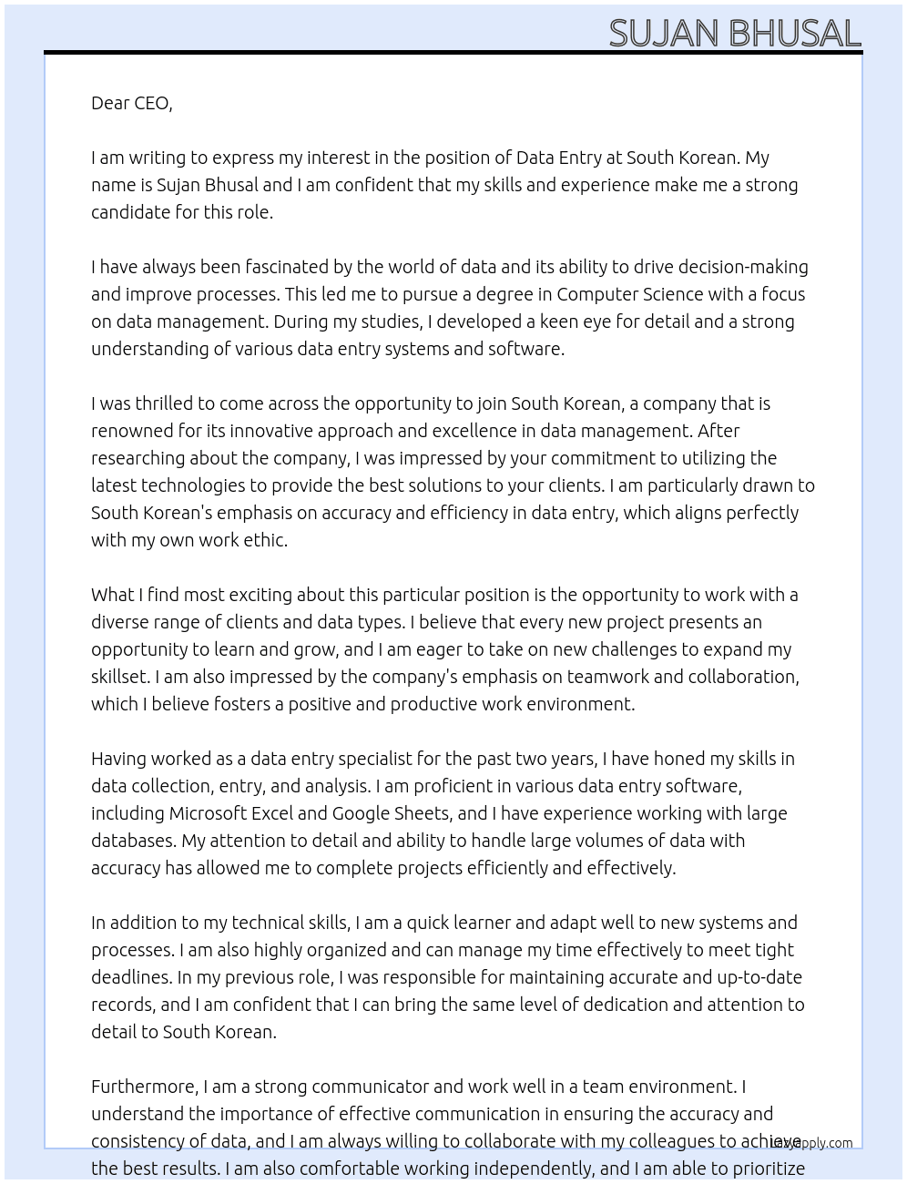 Data entry At South korean Cover Letter