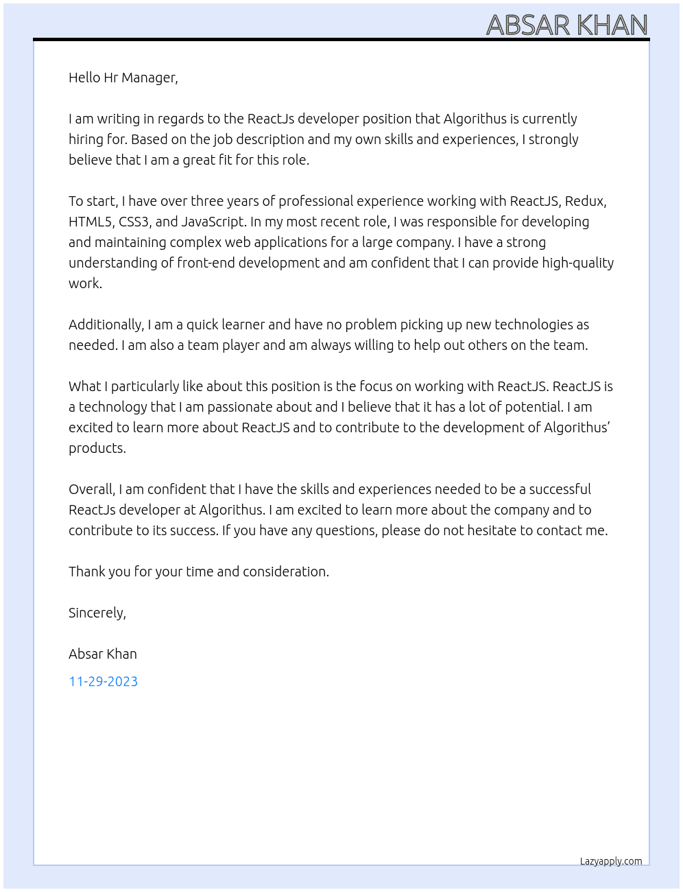 ReactJs developer  At Algorithus Cover Letter
