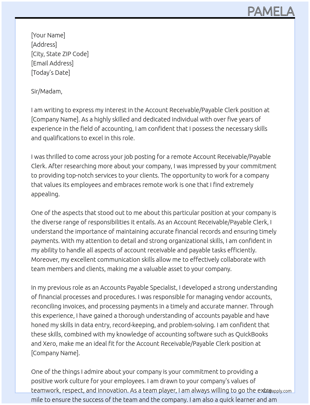Account receivable/payable clerk At remote position Cover Letter