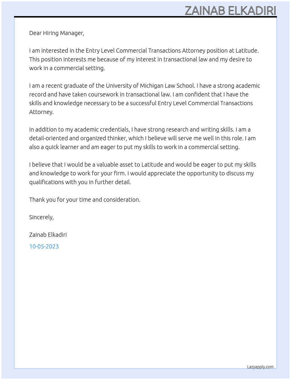 Entry Level Commercial Transactions Attorney At Latitude Cover Letter