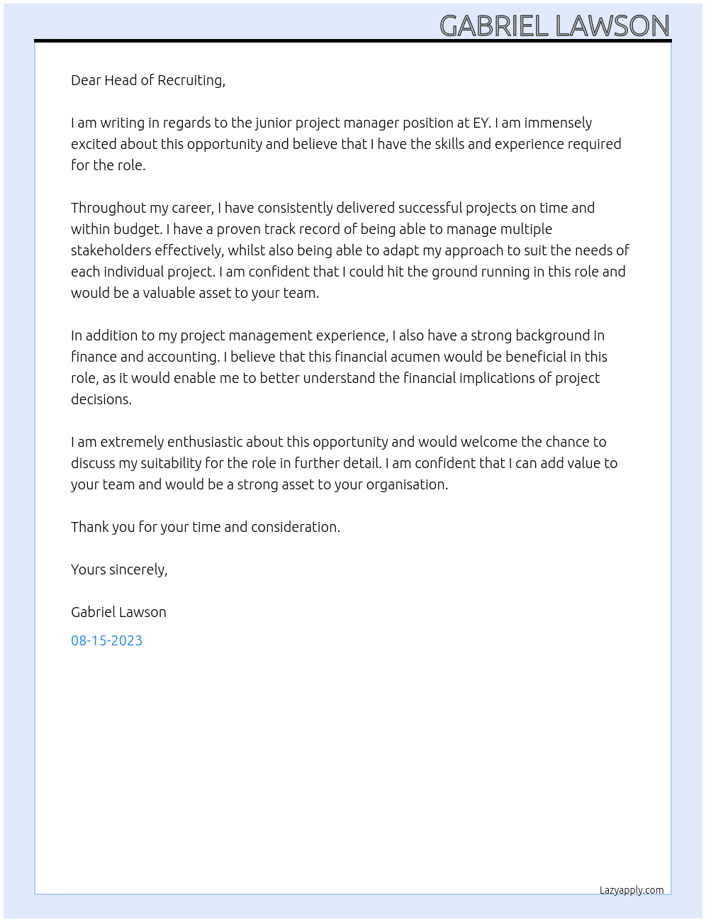 junior project manager At EY Cover Letter