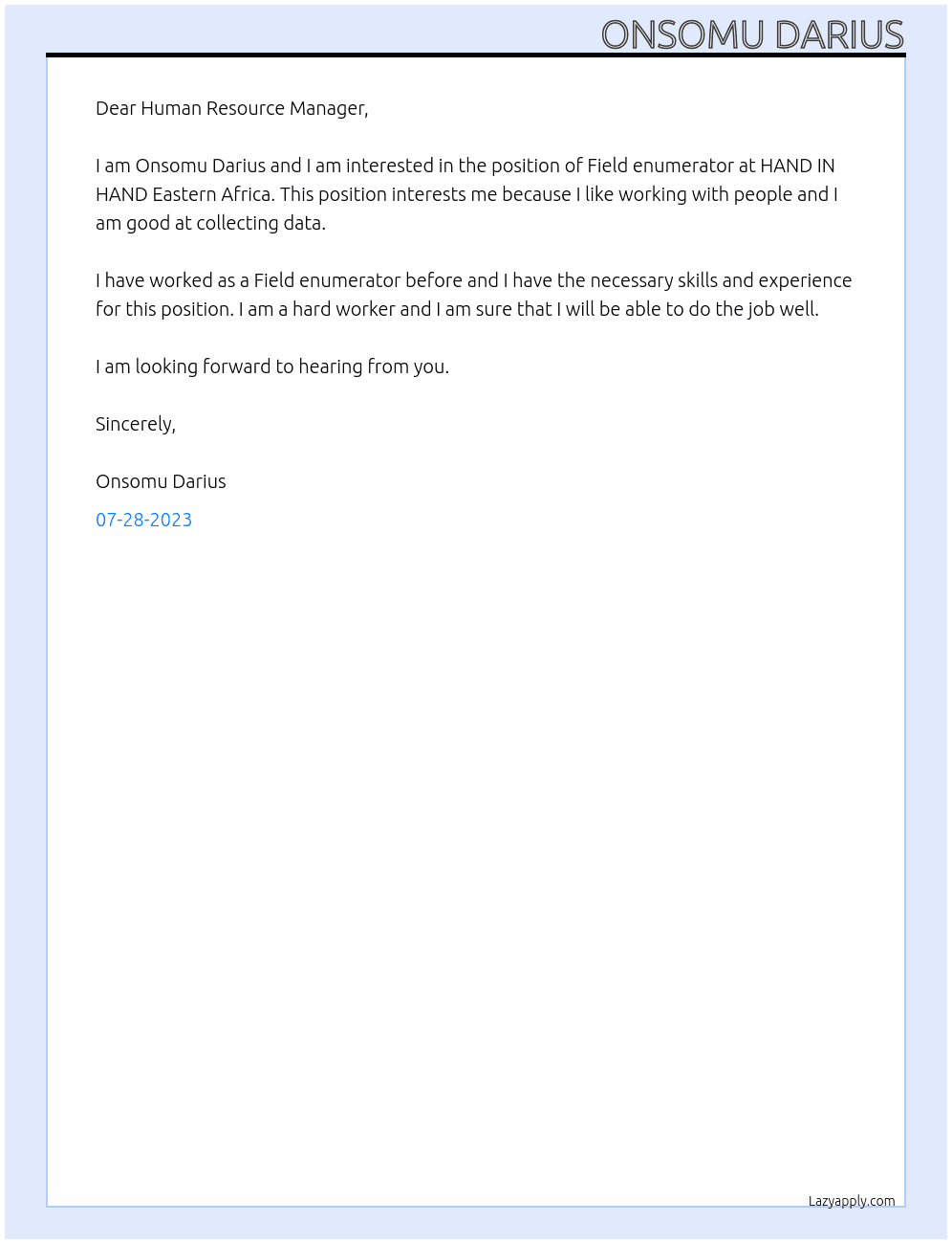 Field enumerator At HAND IN HAND Eastern Africa Cover Letter
