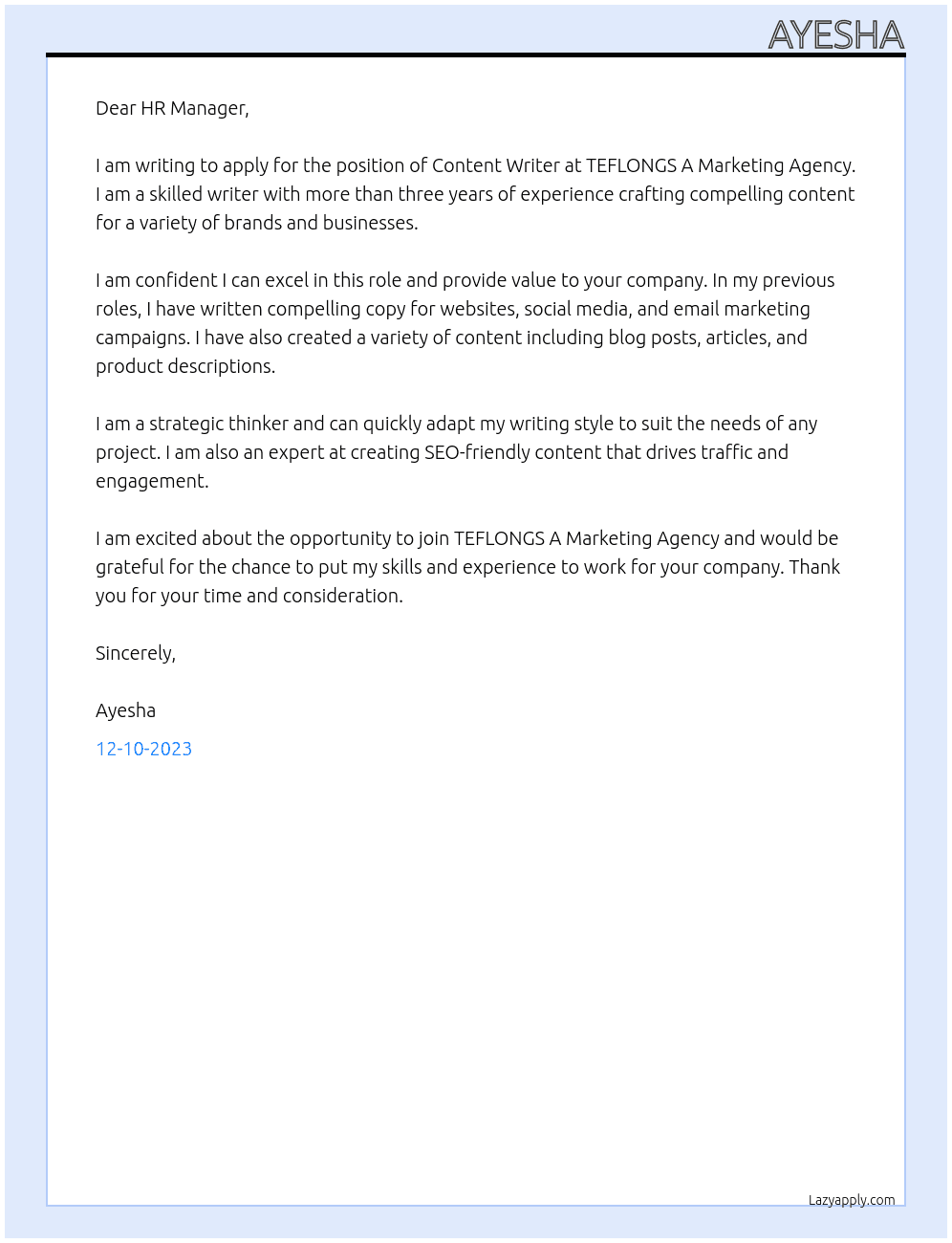 Content writer At TEFLONGS A Marketing Agency Cover Letter