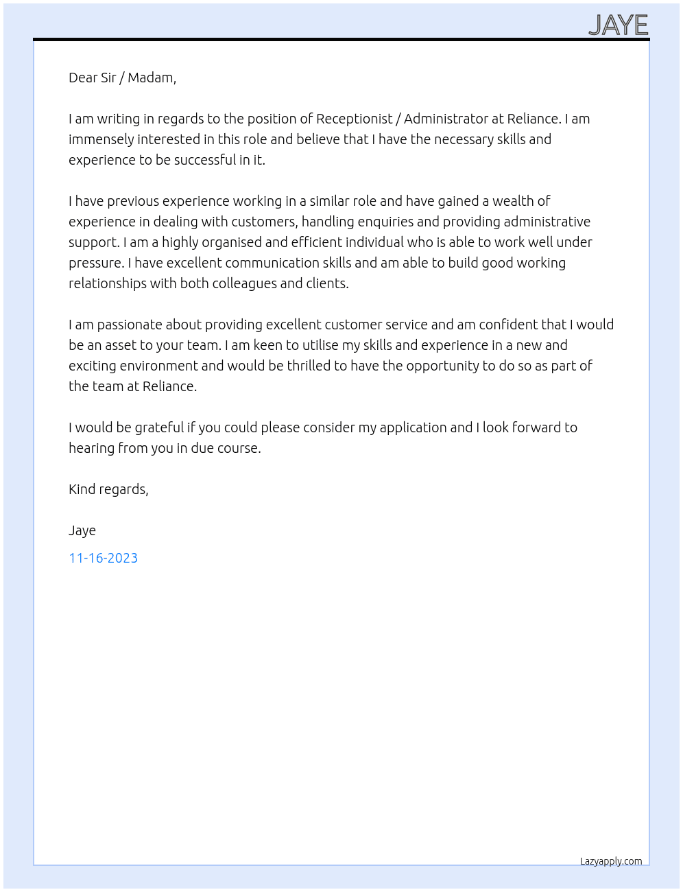 Receptionist / Administrator  At Reliance Cover Letter