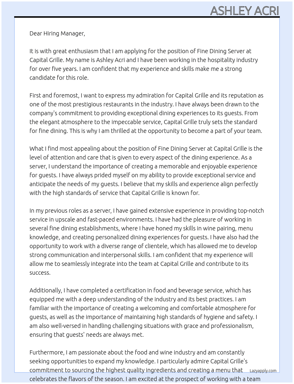 Fine Dining Server At Capital Grille  Cover Letter