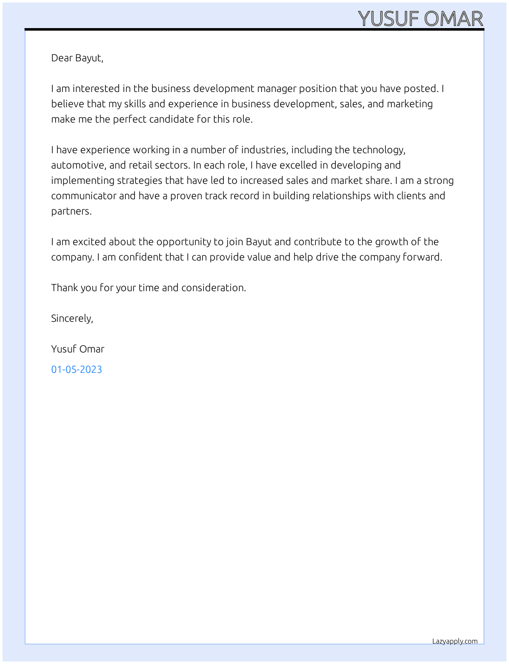 Business development manager At Bayut Cover Letter