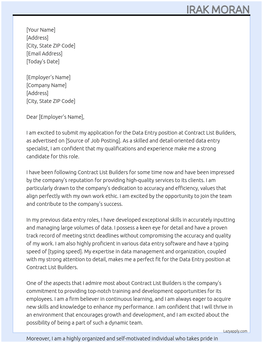 Data entry At Contract list builders Cover Letter