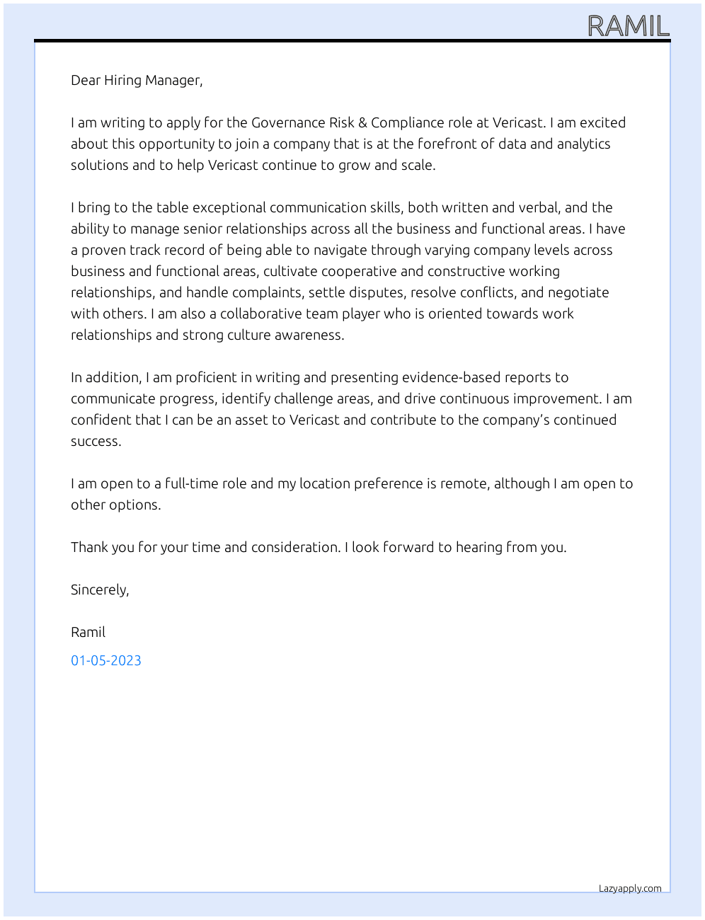 Governance Risk & Compliance  At vericast Cover Letter