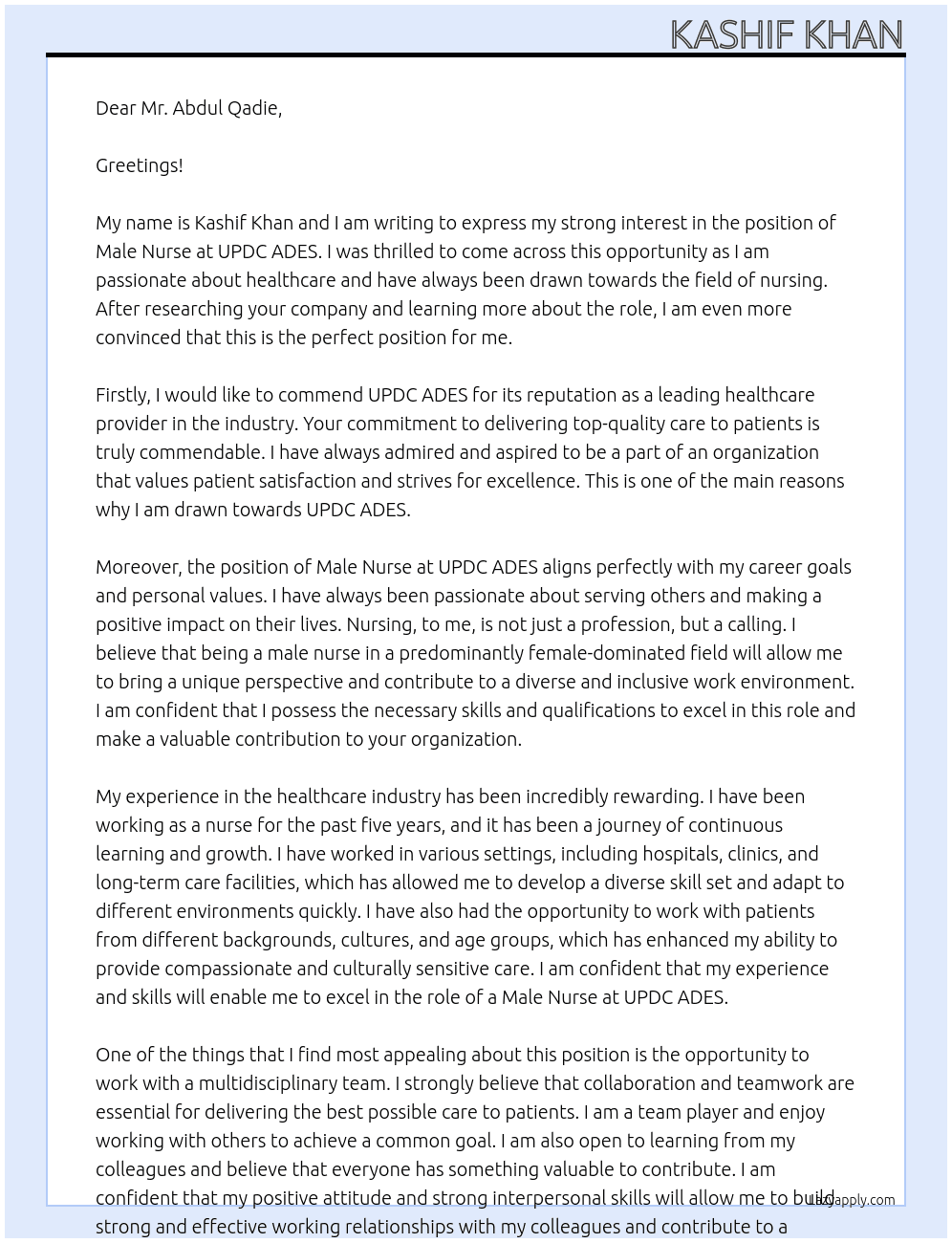 Male Nurse  At UPDC ADES Cover Letter