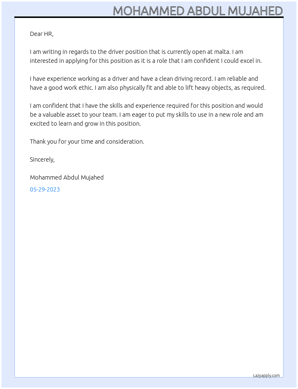 Driver At malta Cover Letter