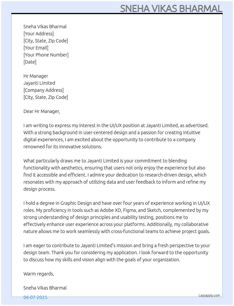UI - UX At Jayanti Limited Cover Letter