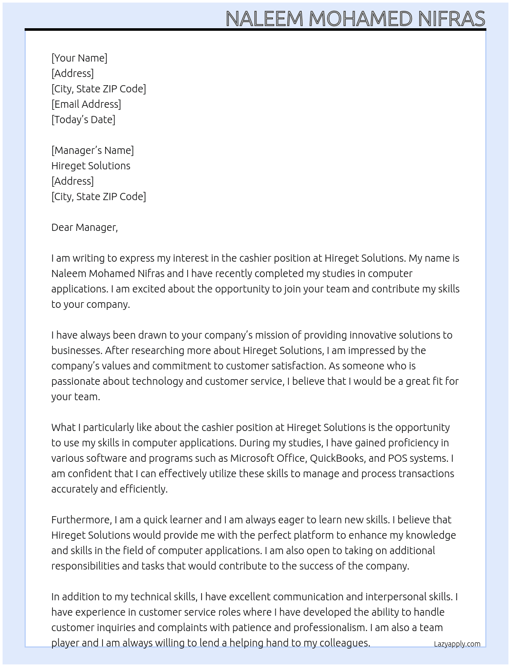 cashier At Hireget solutions Cover Letter