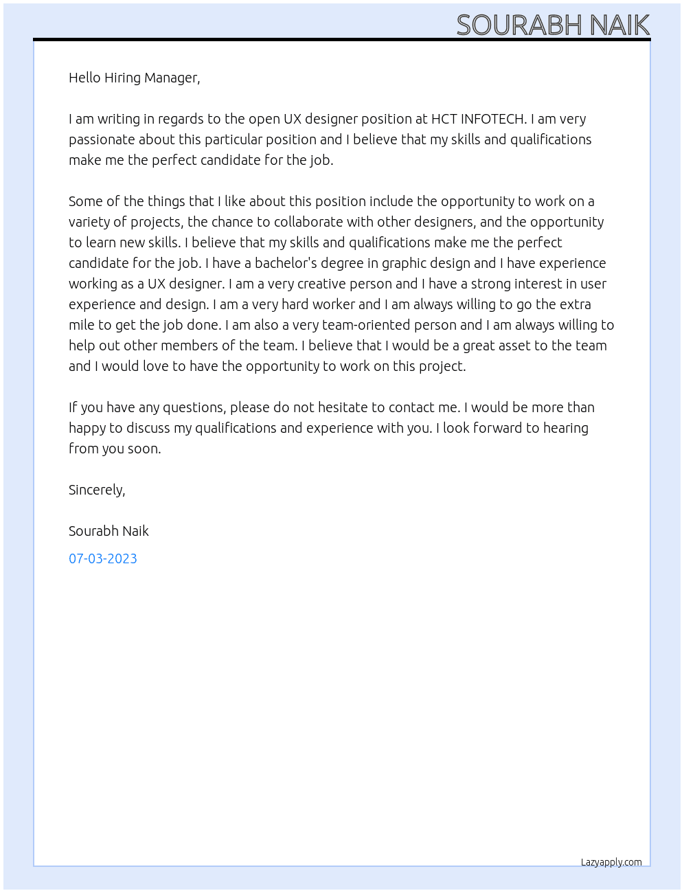UX designer At HCT INFOTECH Cover Letter
