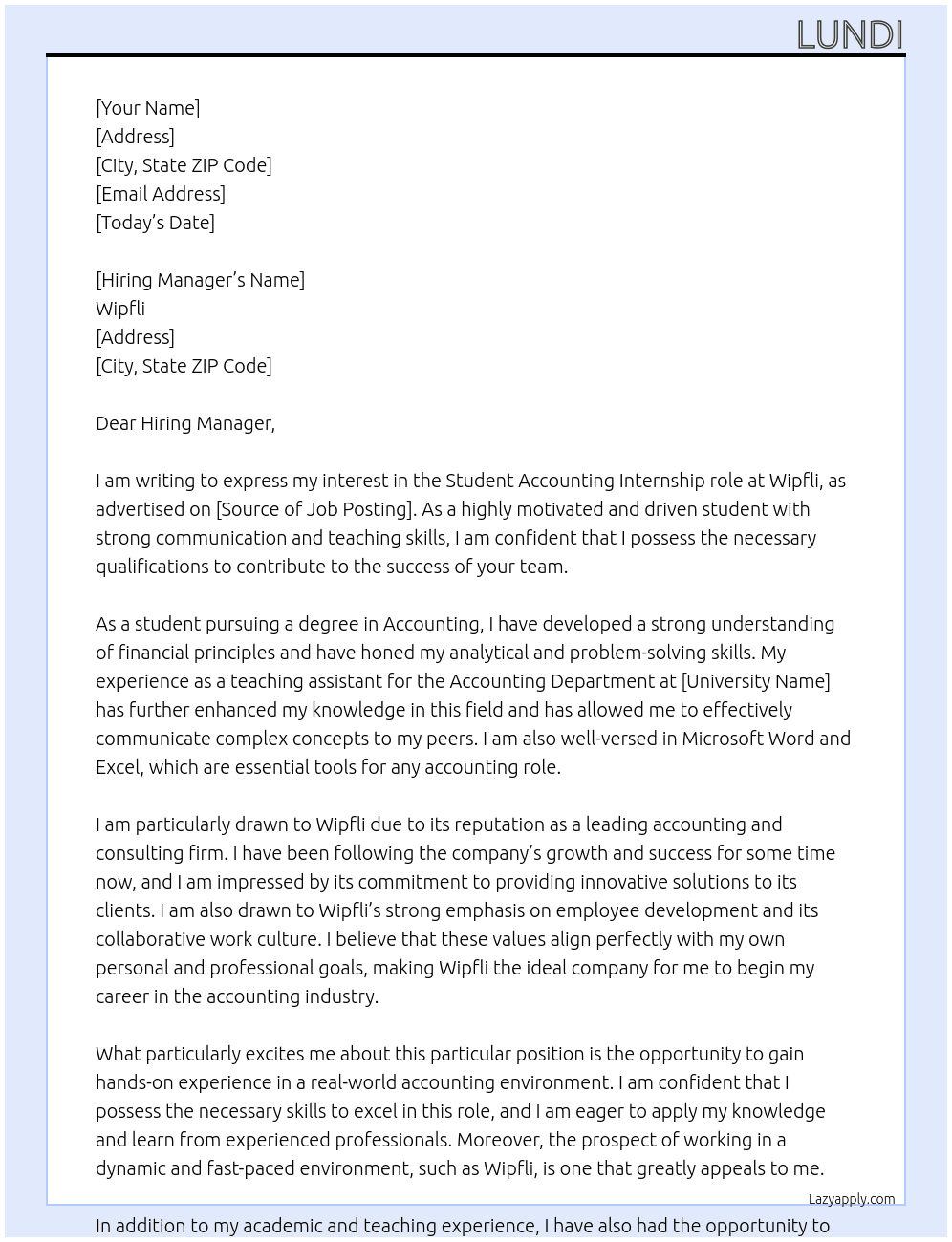 student At Wipfli Cover Letter