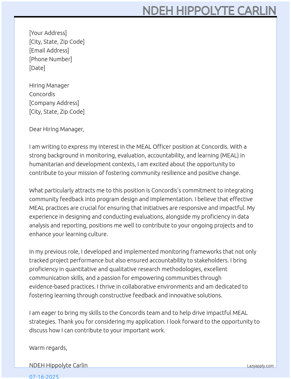 MEAL Officer At Concordis Cover Letter