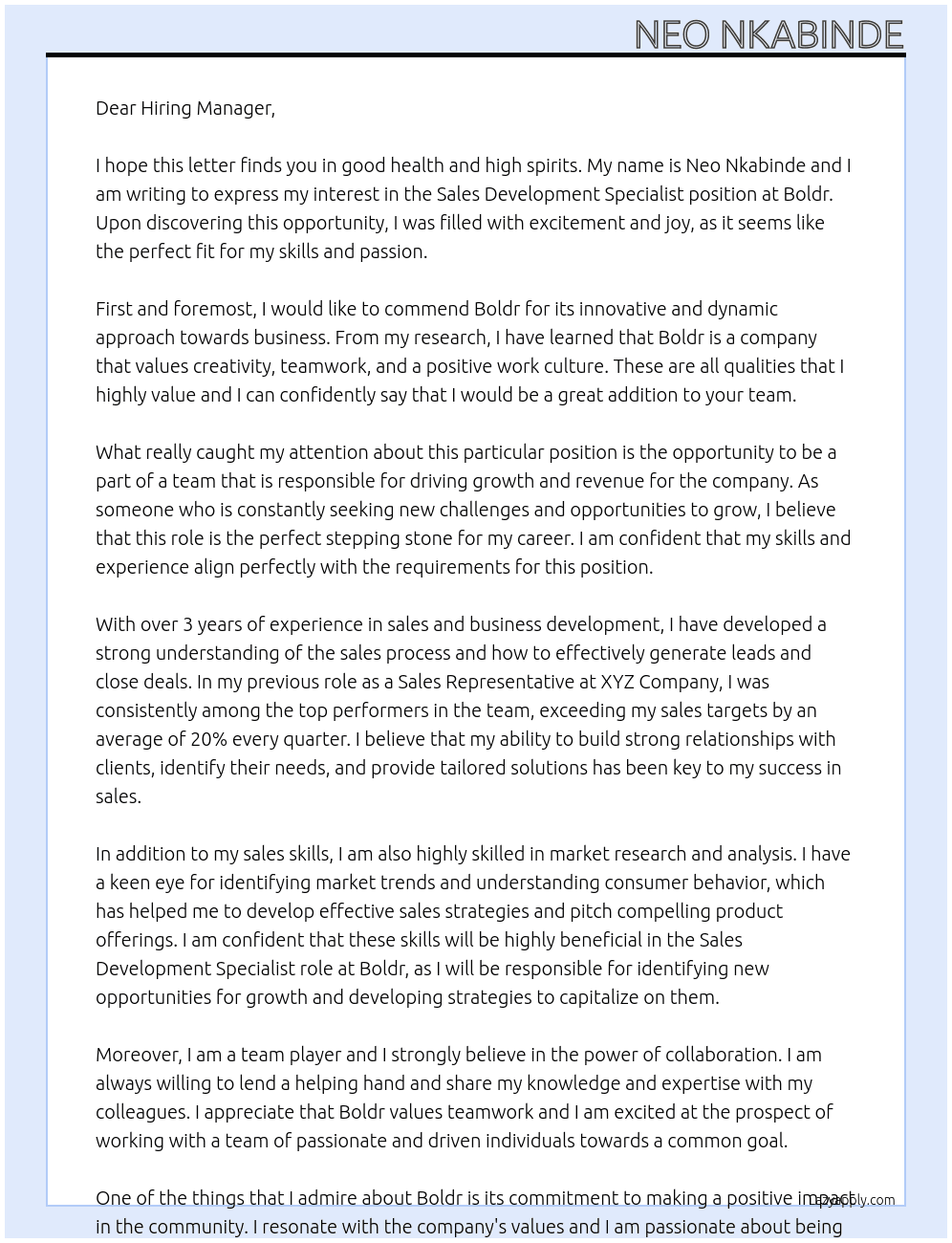 Sales Development Specialist At Boldr  Cover Letter