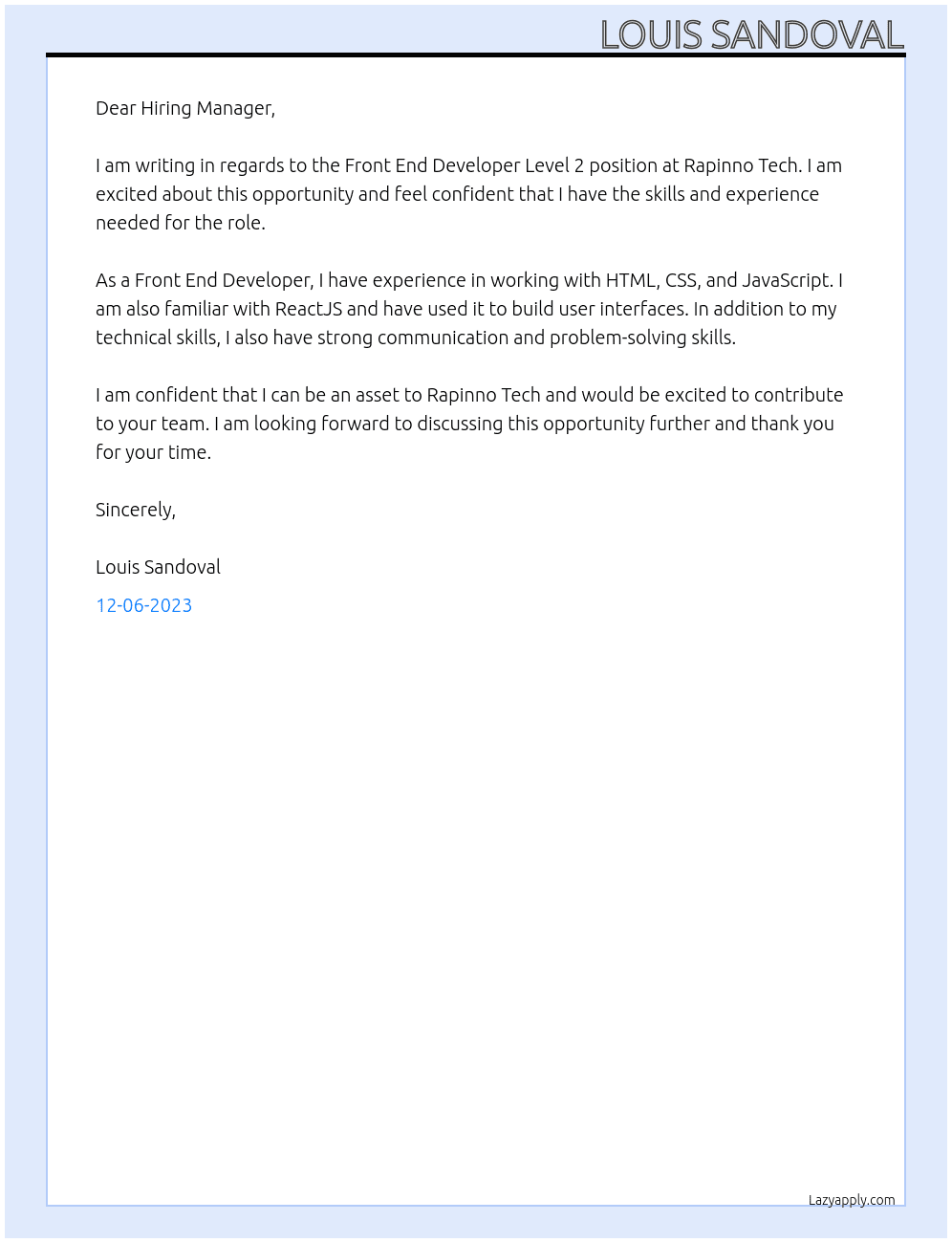 Front End Developer Level 2 At Rapinno Tech Cover Letter