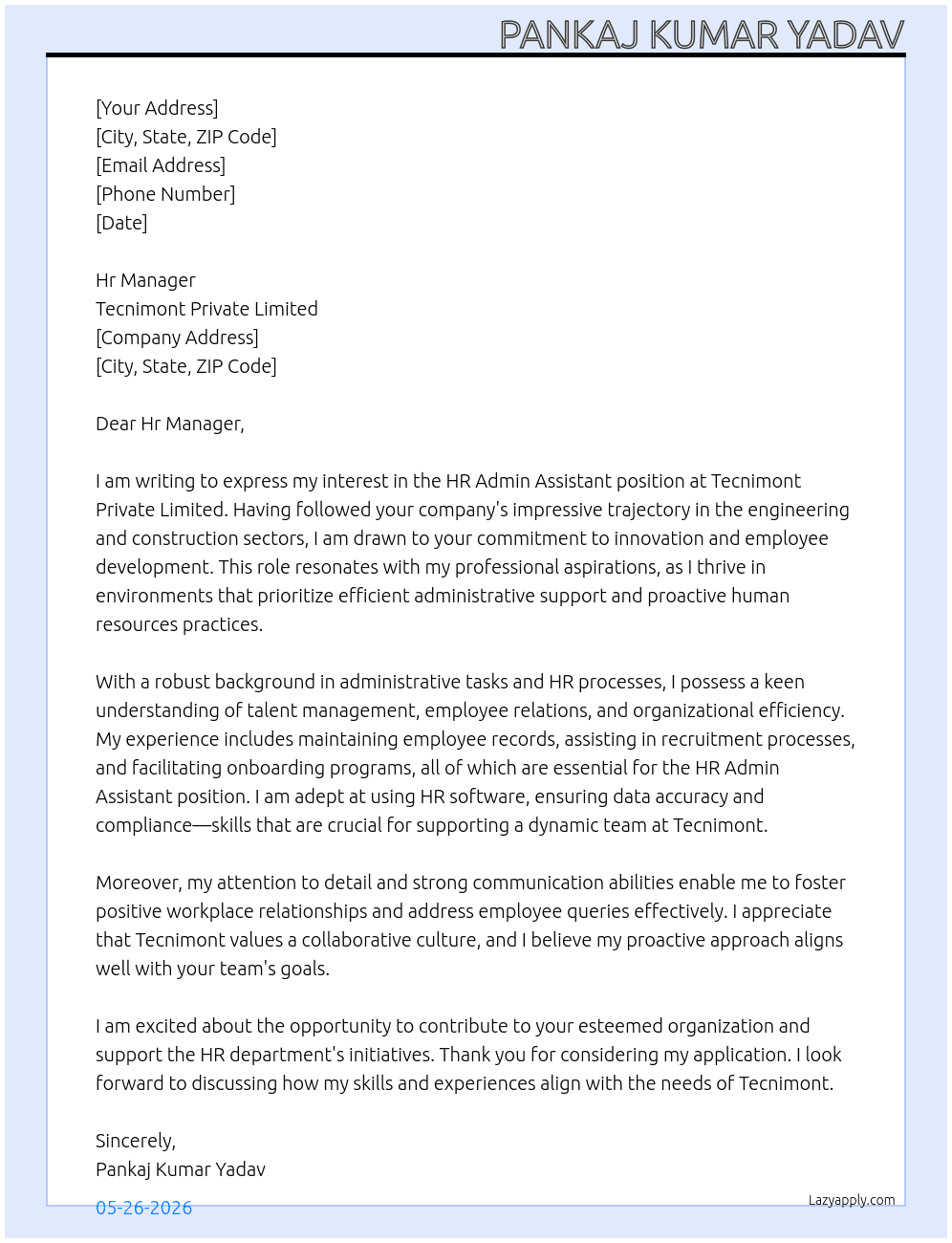 Hr Admin Assistant At Tecnimont Private Limited Cover Letter