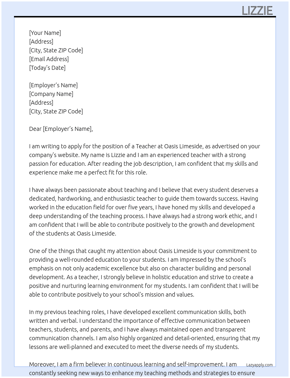 Teacher  At Oasis Limeside  Cover Letter