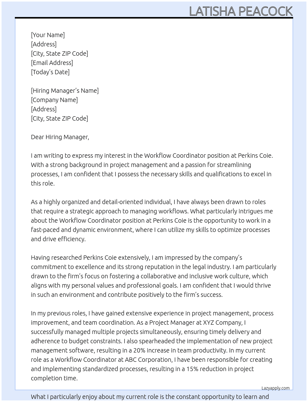 Workflow Coordinator  At Perkins Coie Cover Letter