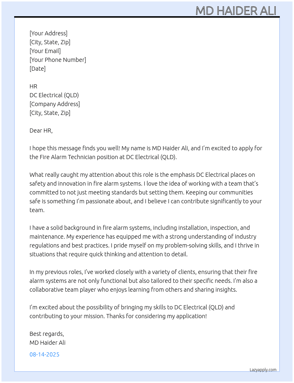 Cover letter for fire alarm technician - LazyApply