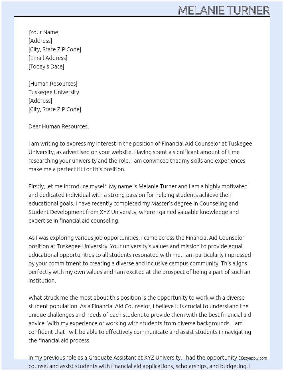 Financial Aid Counselor At Tuskegee University Cover Letter