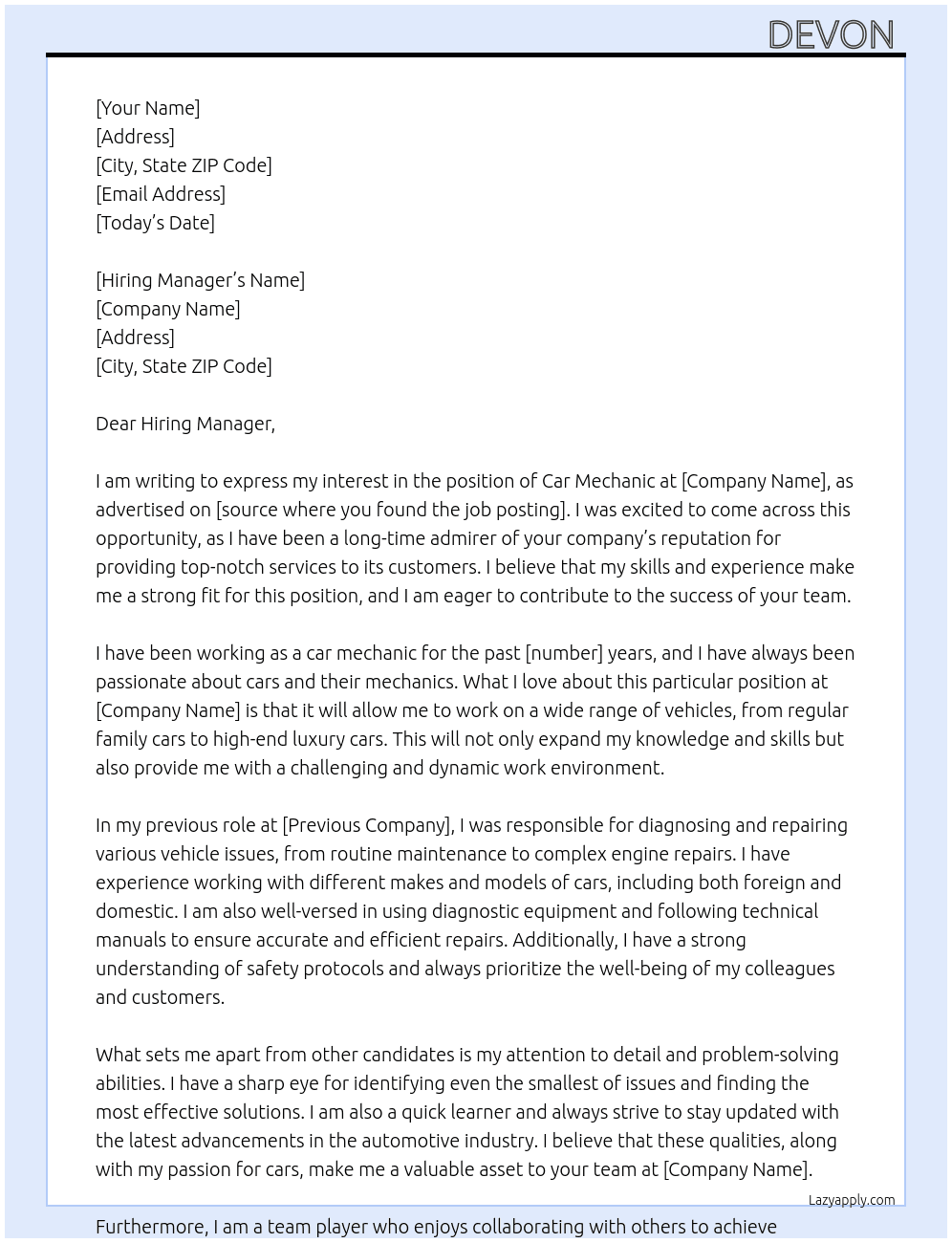 car mechanic At Hiring Manager Cover Letter