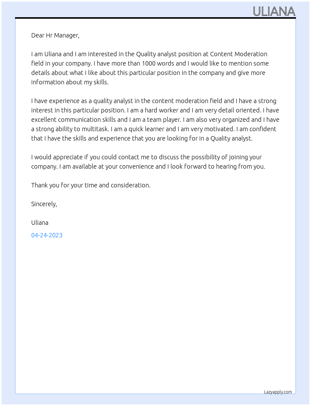 Quality analyst at Content Moderation field At Pure App Cover Letter