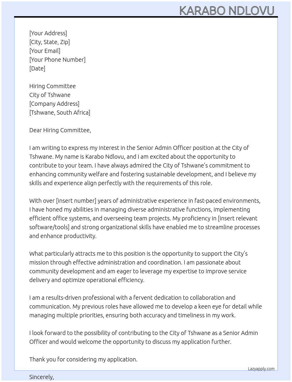 Senior admin officer  At City of tshwane Cover Letter