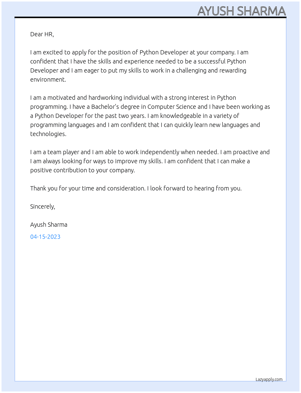 Python Developer At your Company Cover Letter