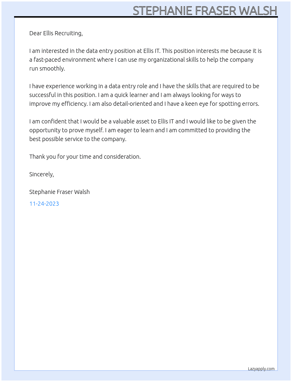 data entry At Ellis IT Cover Letter