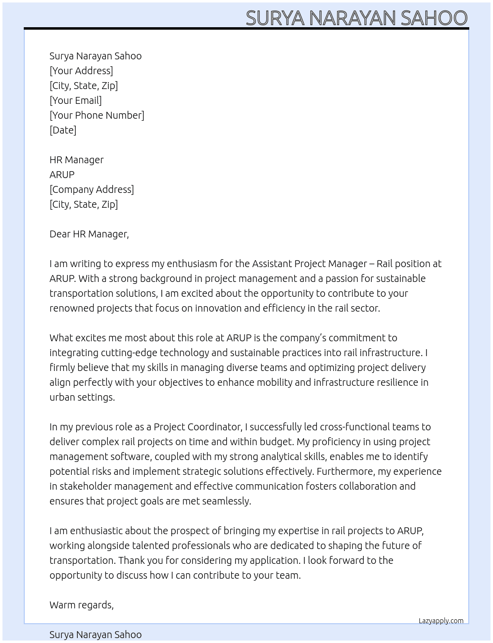 Assistant Project Manager – Rail At ARUP Cover Letter