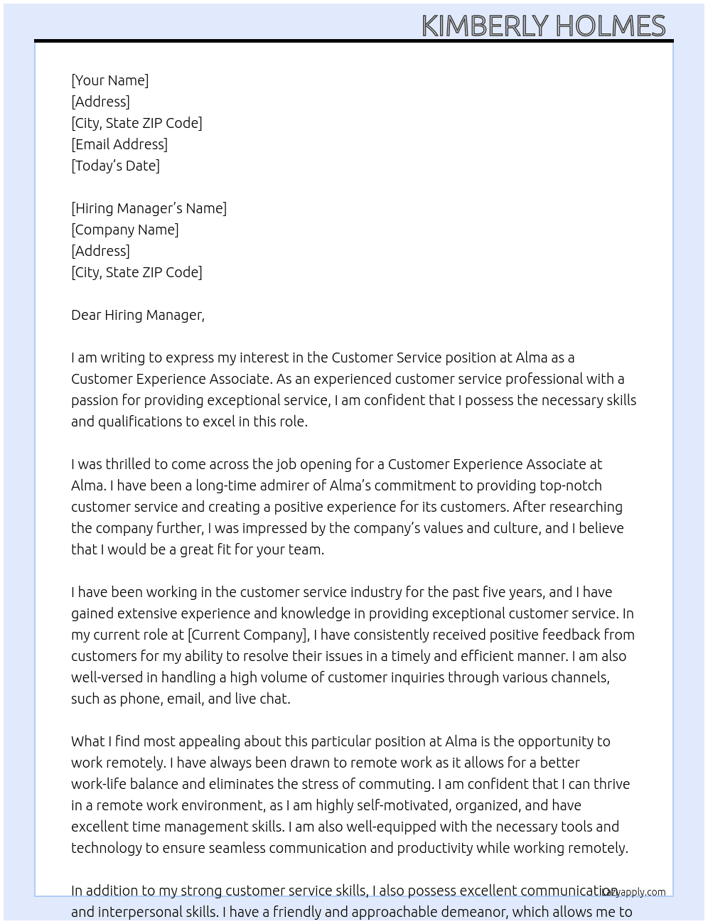 Customer Service  At Alma Cover Letter